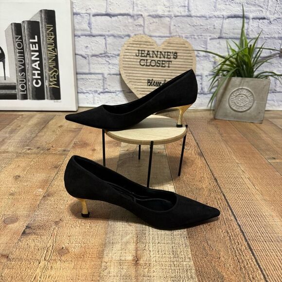 Zara black & gold kitten heel pointed toe pumps heels - Picture 2 of 10